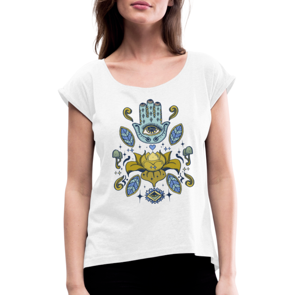 Frauen T-Shirt mit gerollten Ärmeln - "Fatimas Lotos" - weiß