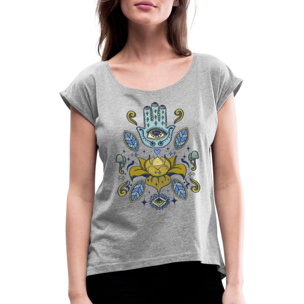 Frauen T-Shirt mit gerollten Ärmeln - "Fatimas Lotos" - Grau meliert