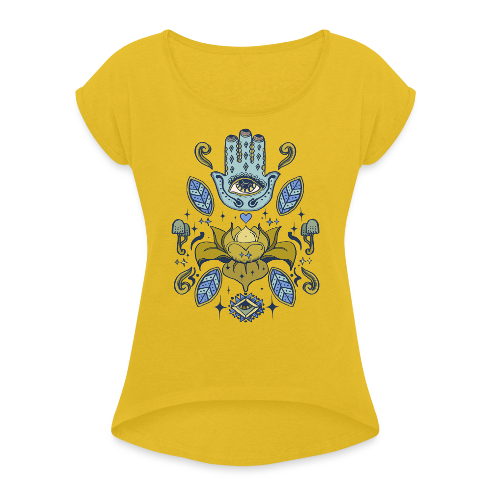 Frauen T-Shirt mit gerollten Ärmeln - "Fatimas Lotos" - Senfgelb