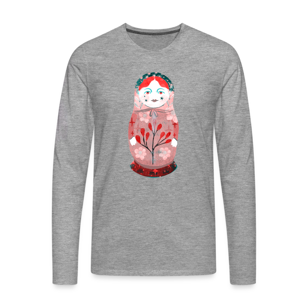 Männer Premium Langarmshirt - “Retroprint Matroschka in Rot” - Grau meliert