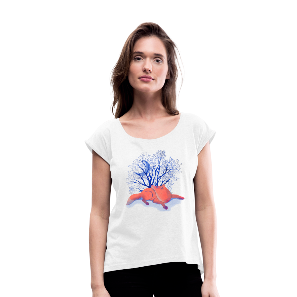 Frauen T-Shirt mit gerollten Ärmeln - “Monsieur Fuchs und der Mond” - weiß