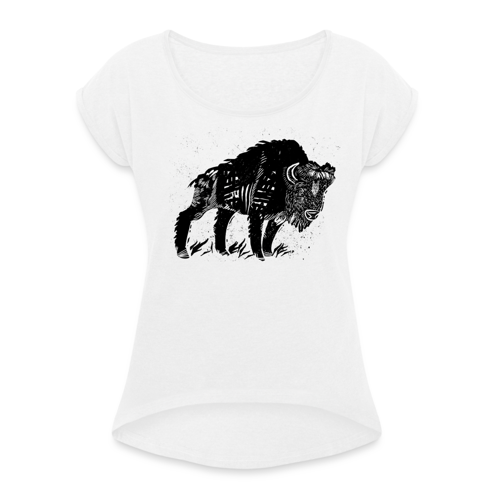Frauen T-Shirt mit gerollten Ärmeln - “Wilder Bison” - weiß