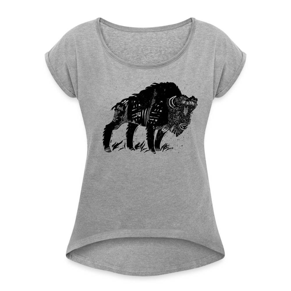 Frauen T-Shirt mit gerollten Ärmeln - “Wilder Bison” - Grau meliert