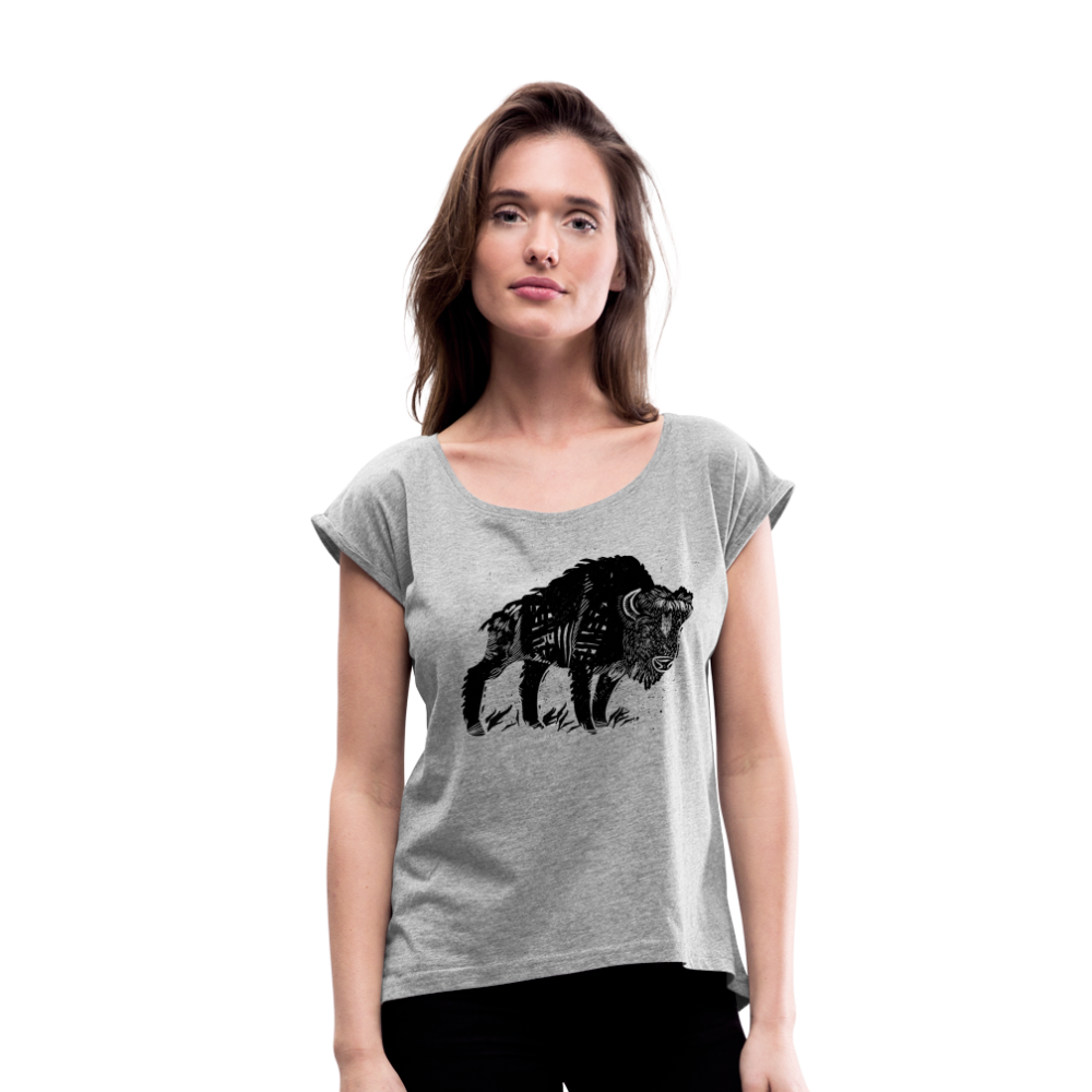 Frauen T-Shirt mit gerollten Ärmeln - “Wilder Bison” - Grau meliert
