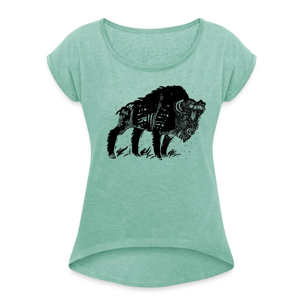 Frauen T-Shirt mit gerollten Ärmeln - “Wilder Bison” - Minze meliert
