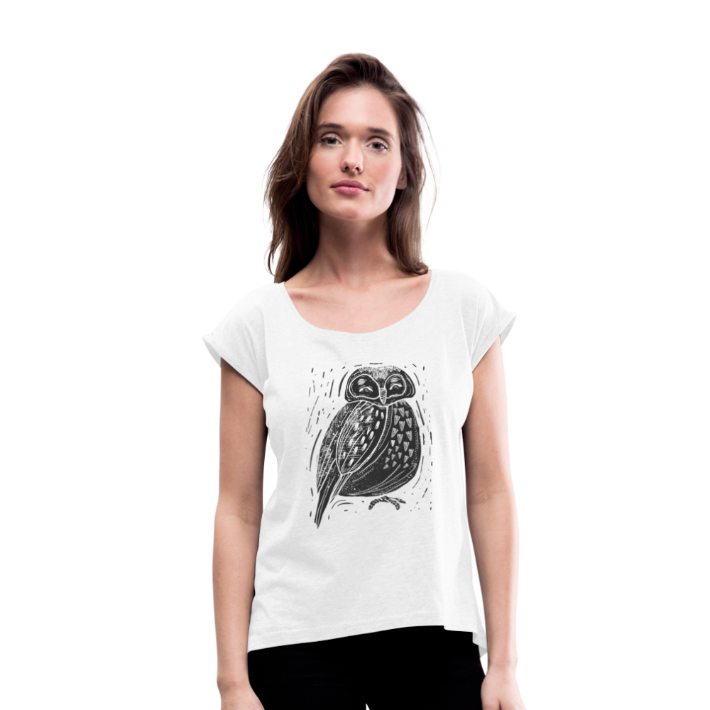 Frauen T-Shirt mit gerollten Ärmeln - "Graue Eule" - weiß