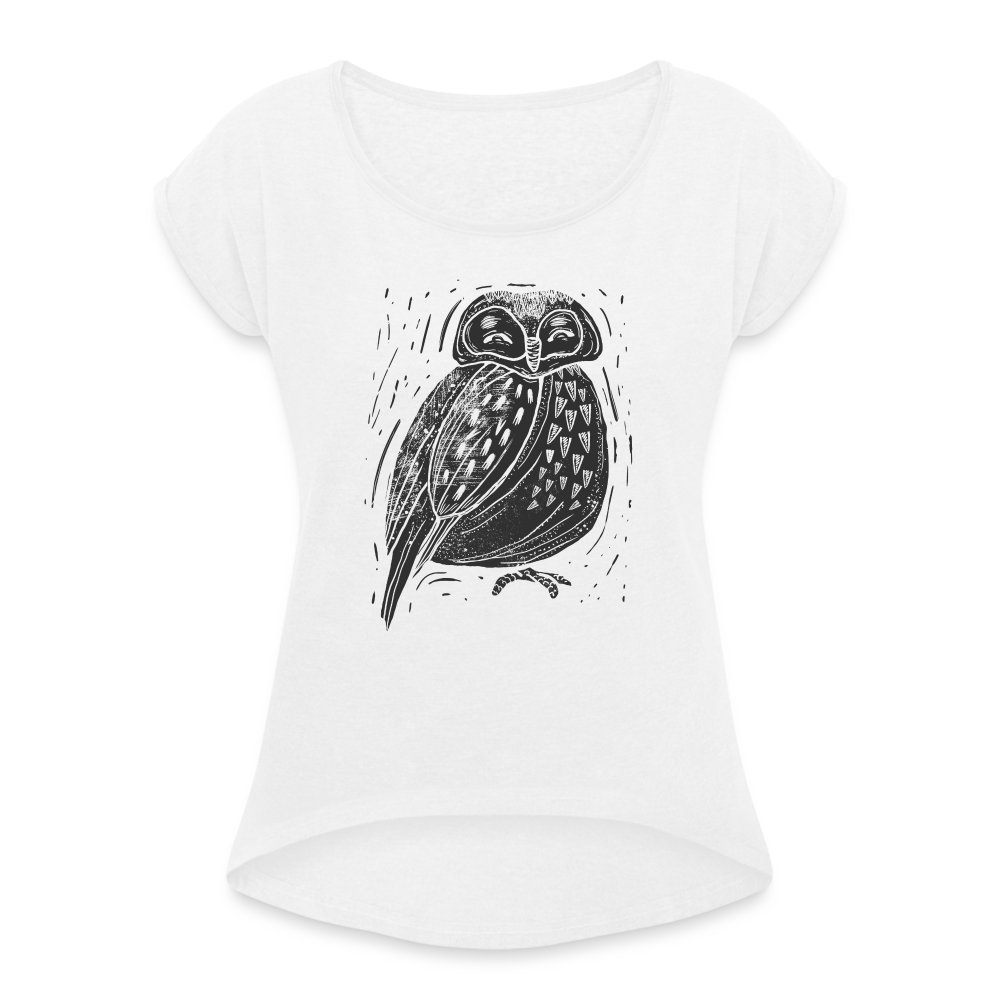 Frauen T-Shirt mit gerollten Ärmeln - "Graue Eule" - weiß