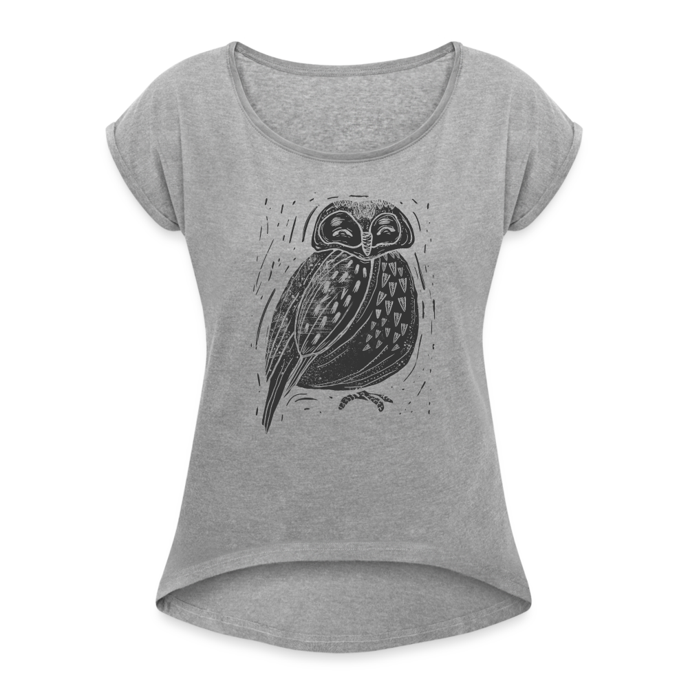 Frauen T-Shirt mit gerollten Ärmeln - "Graue Eule" - Grau meliert