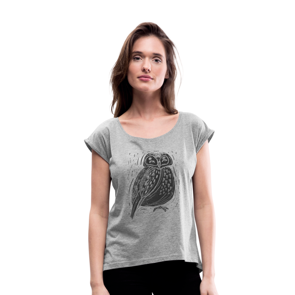 Frauen T-Shirt mit gerollten Ärmeln - "Graue Eule" - Grau meliert