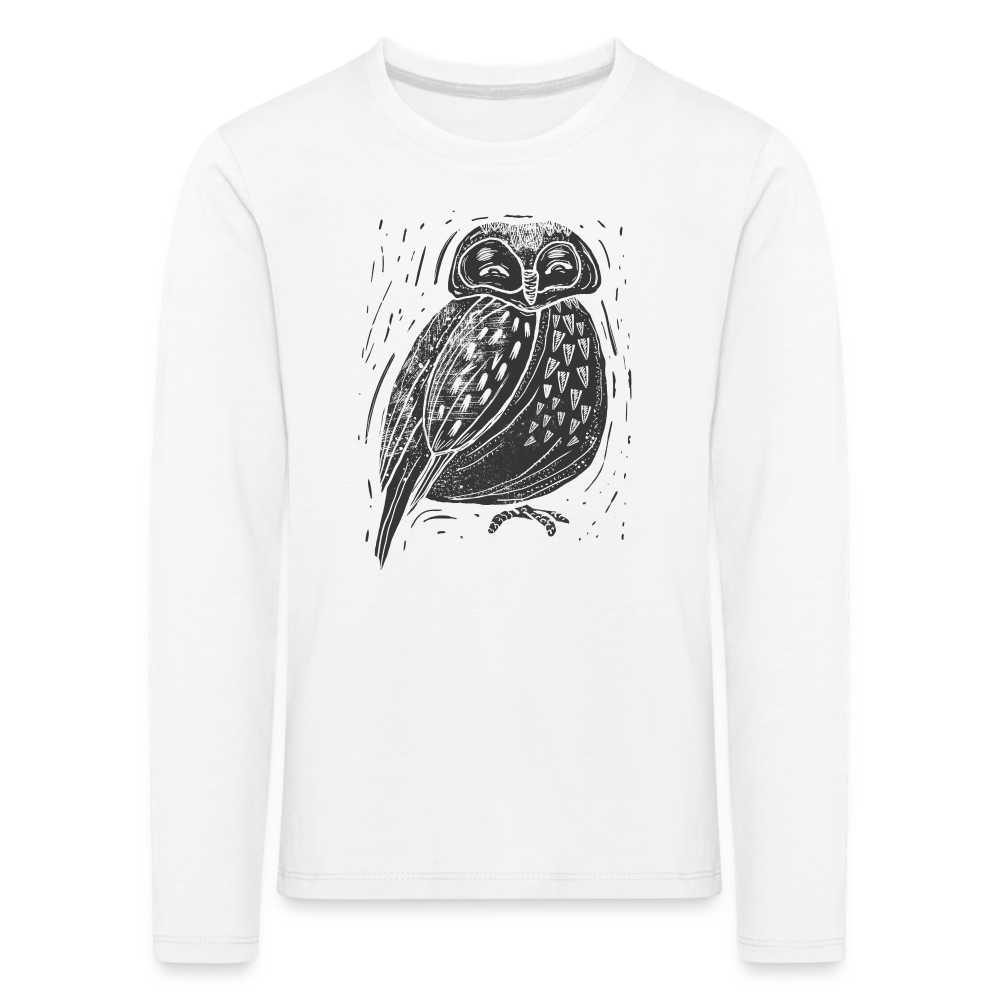 Kinder Premium Langarmshirt - "Graue Eule" - weiß