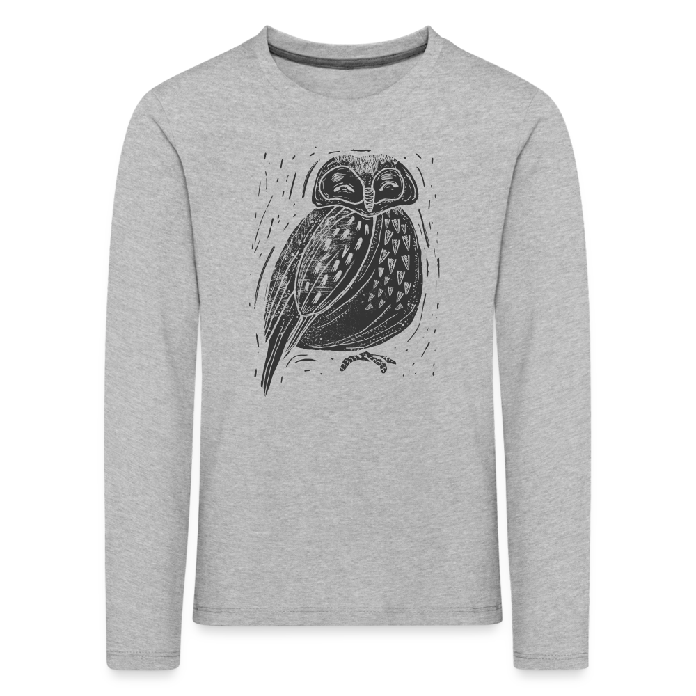 Kinder Premium Langarmshirt - "Graue Eule" - Grau meliert