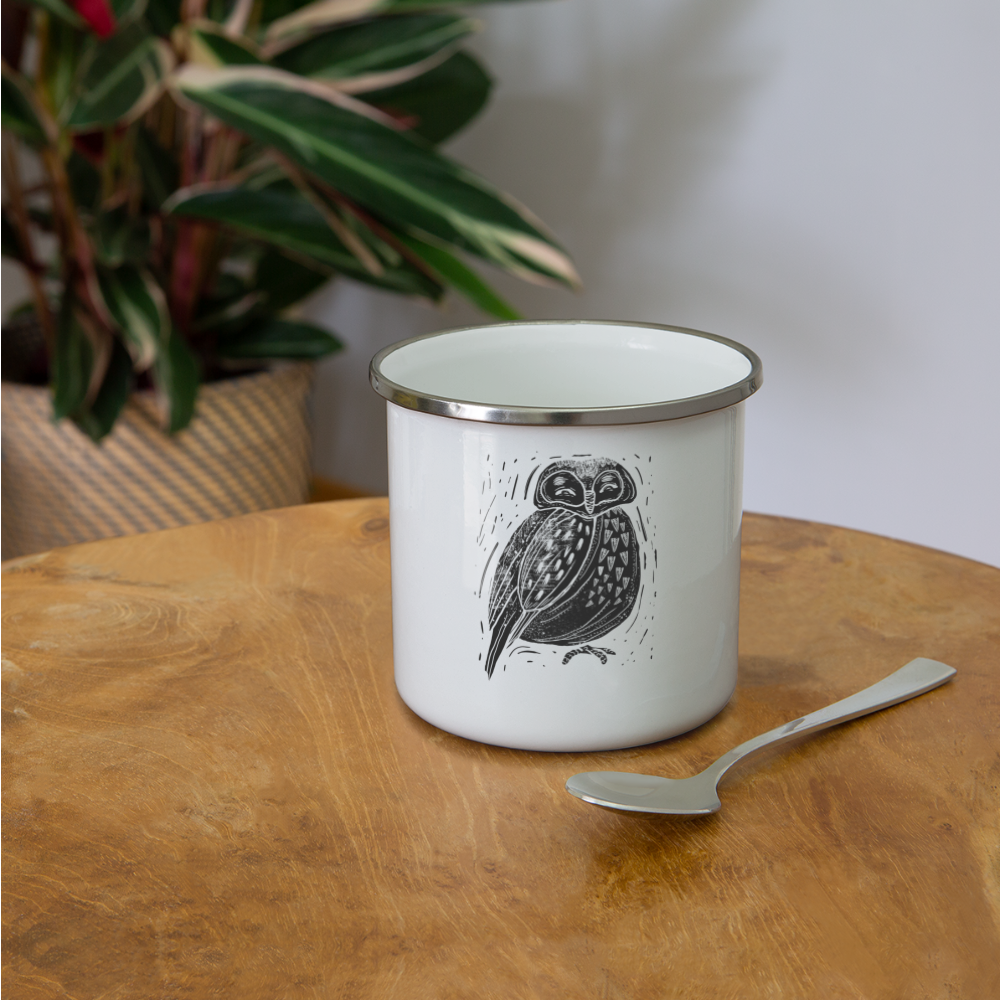Emaille-Tasse - "Graue Eule" - weiß