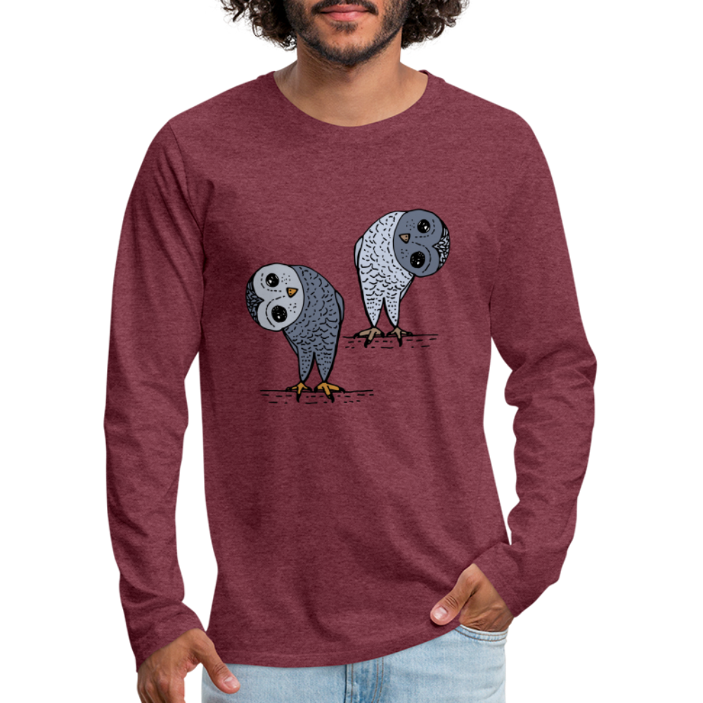Männer Premium Langarmshirt - Staunende Eulen - Bordeauxrot meliert