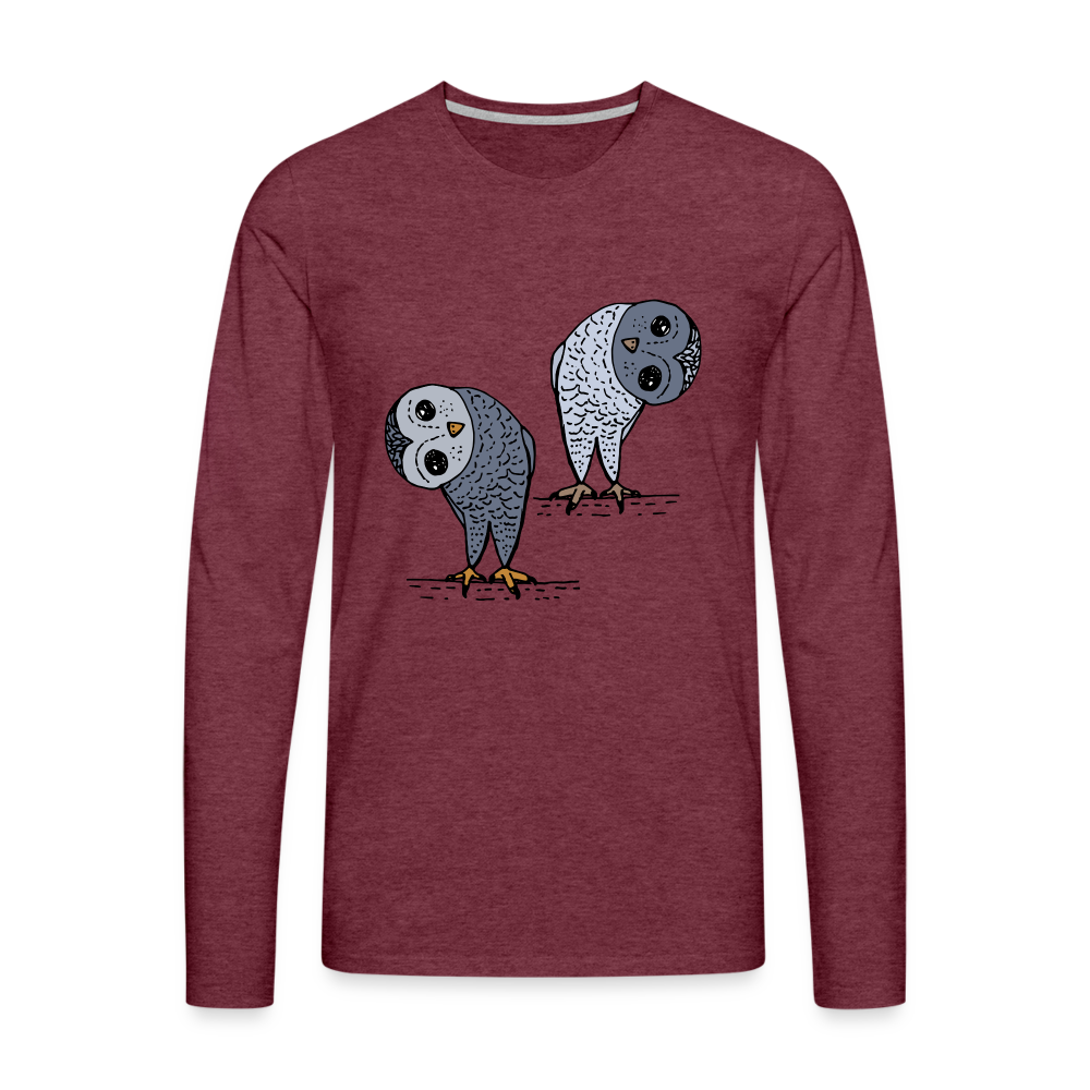 Männer Premium Langarmshirt - Staunende Eulen - Bordeauxrot meliert
