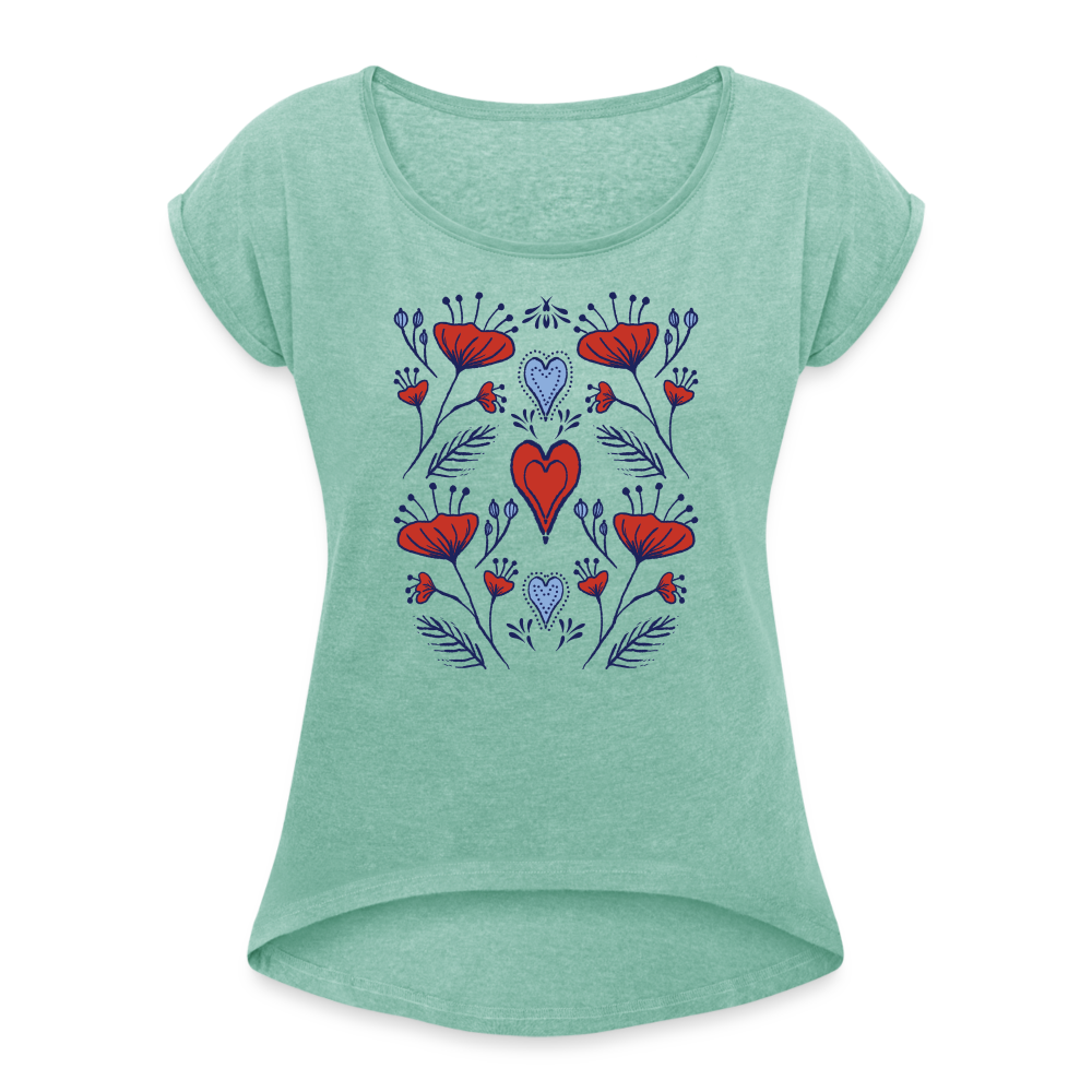 Frauen T-Shirt mit gerollten Ärmeln - "Folklore Mohn" - Minze meliert