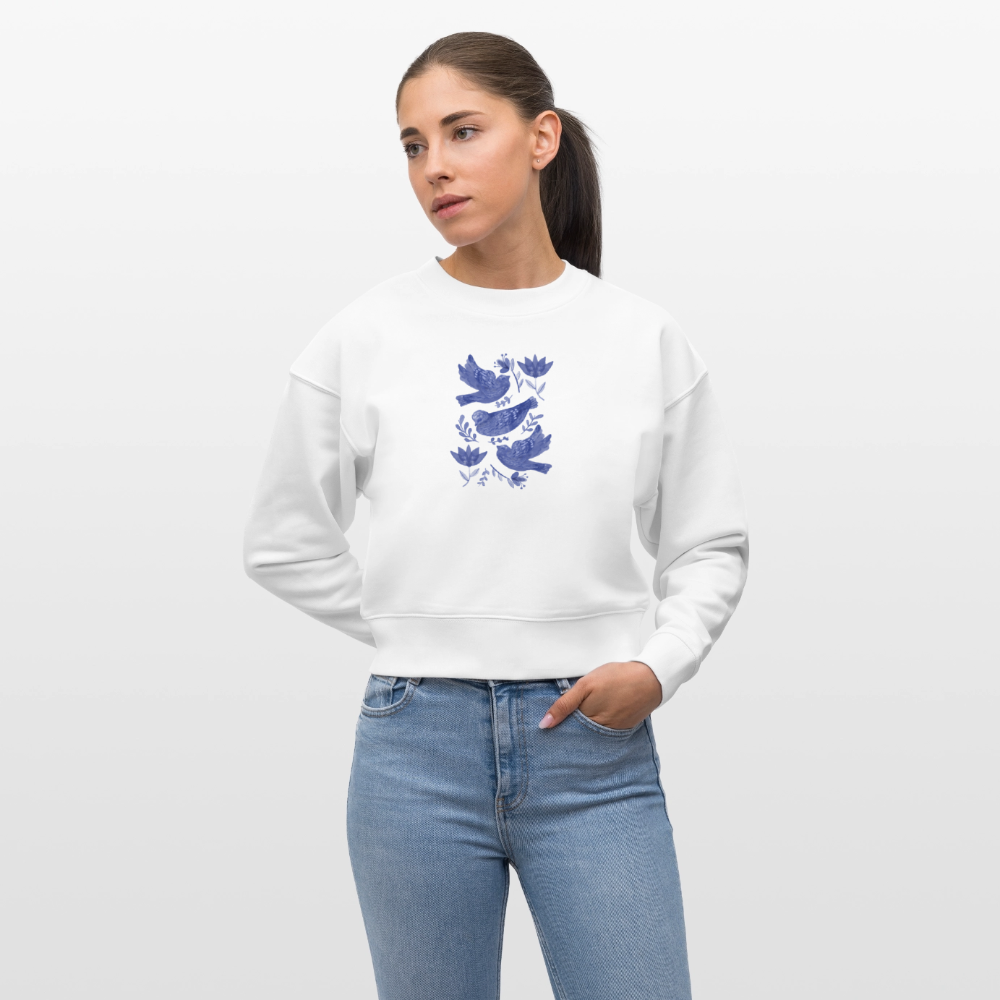 Stanley/Stella Cropped Frauen Bio-Sweatshirt - “Fayence Vögel” - Weiß