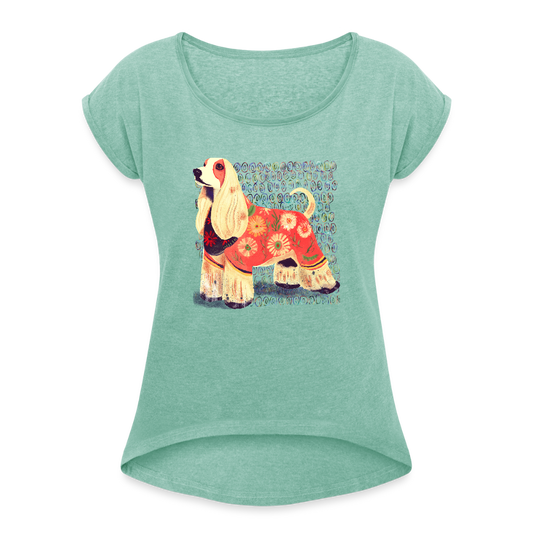 Frauen T-Shirt mit gerollten Ärmeln - “Dog Figurine” - Minze meliert