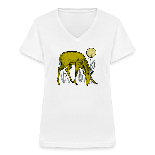 Klassisches Frauen-T-Shirt mit V-Ausschnitt  - "Reh in Olive" - Weiß