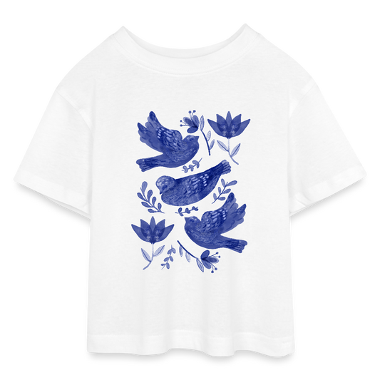 Teen Cropped Jersey T-Shirt - “Fayence Vögel” - Weiß