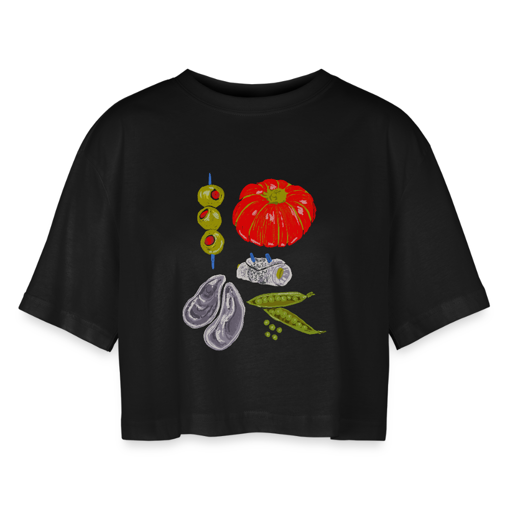 Frauen Oversized Cropped T-Shirt - “Bon Appétit” - Schwarz