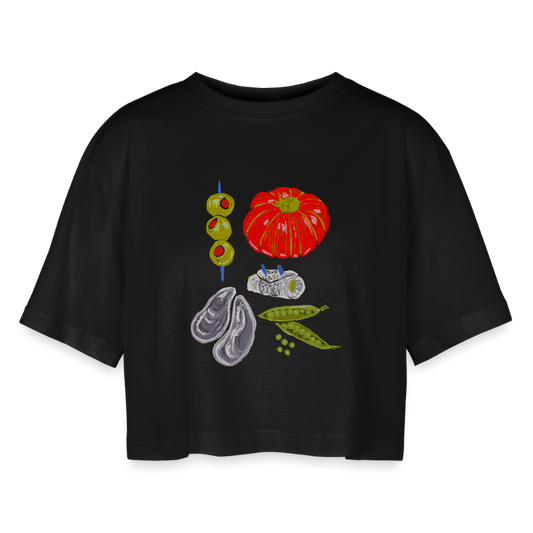 Frauen Oversized Cropped T-Shirt - “Bon Appétit” - Schwarz