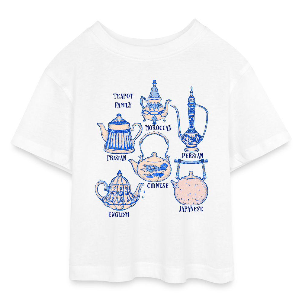Teen Cropped Jersey T-Shirt - “So Many Teapots” - Weiß