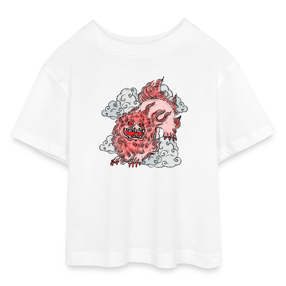Teen Cropped Jersey T-Shirt - “Fu Dog” - Weiß
