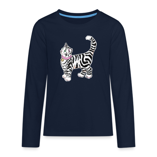 Teenager Premium Langarmshirt - “Getigerte Katze” - Navy