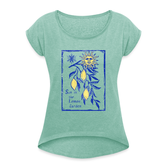 Frauen T-Shirt mit gerollten Ärmeln - “Lemon Garden” - Minze meliert