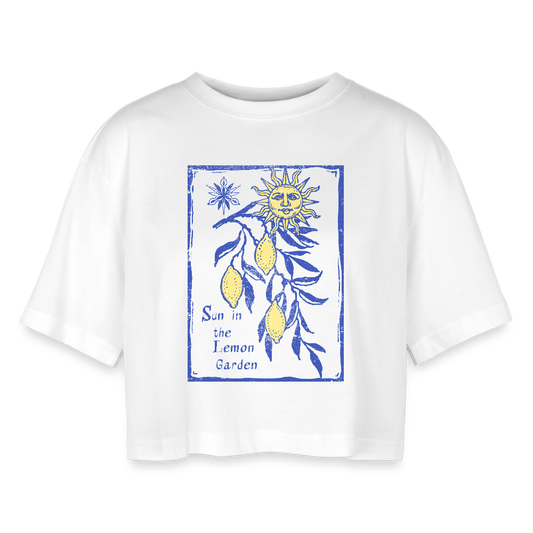 Frauen Oversized Cropped T-Shirt- “Lemon Garden” - Weiß