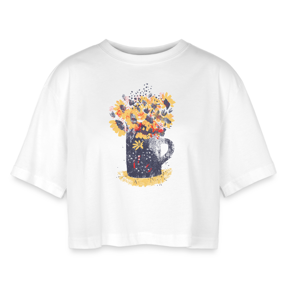 Frauen Oversized Cropped T-Shirt - “Wildblumen” - Weiß