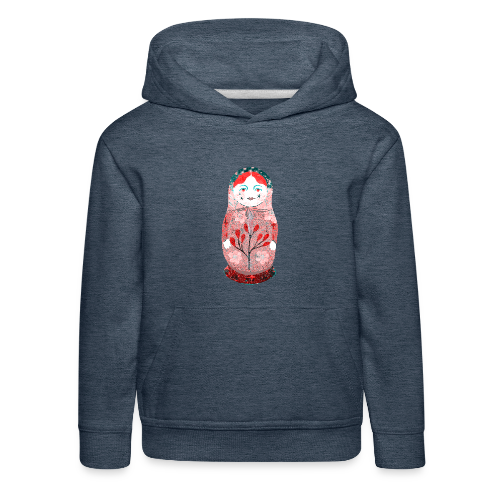 Kinder Premium Hoodie - “Retroprint Matroschka in Rot” - Jeansblau