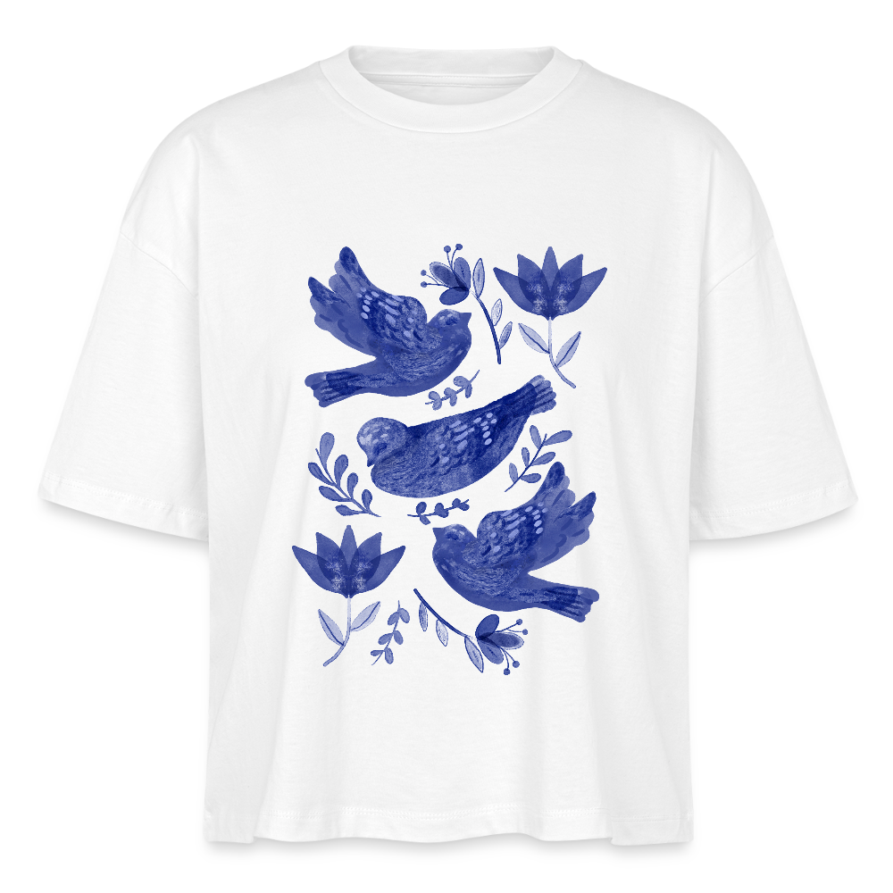 Stanley/Stella Frauen Boxy Bio-T-Shirt - “Fayence Vögel” - Weiß