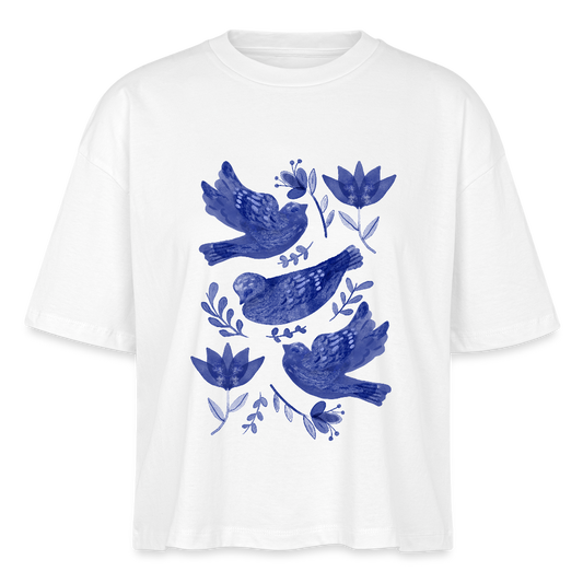 Stanley/Stella Frauen Boxy Bio-T-Shirt - “Fayence Vögel” - Weiß