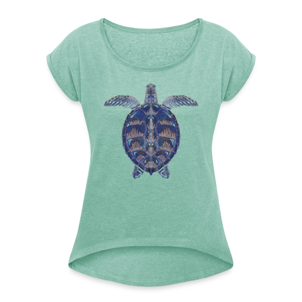 Frauen T-Shirt mit gerollten Ärmeln - "Meeresschildkröte" - Minze meliert