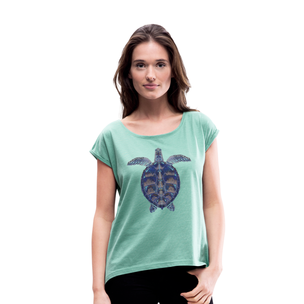 Frauen T-Shirt mit gerollten Ärmeln - "Meeresschildkröte" - Minze meliert