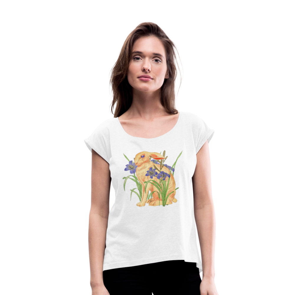 Frauen T-Shirt mit gerollten Ärmeln -  "Feldhase" - weiß
