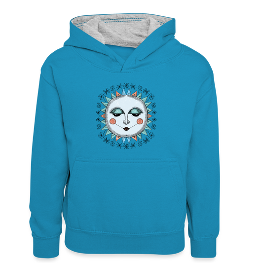 Kinder Kontrast-Hoodie - “Wintersonne” - Pfauenblau/Grau meliert