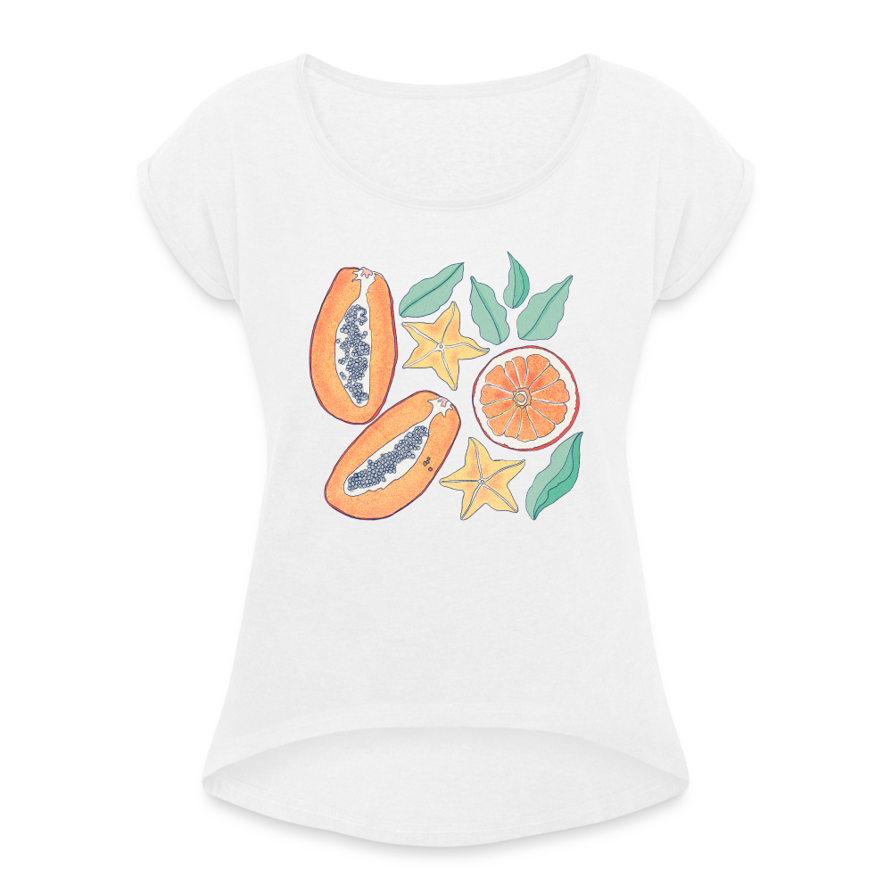Frauen T-Shirt mit gerollten Ärmeln - “Tropische Früchte” - weiß
