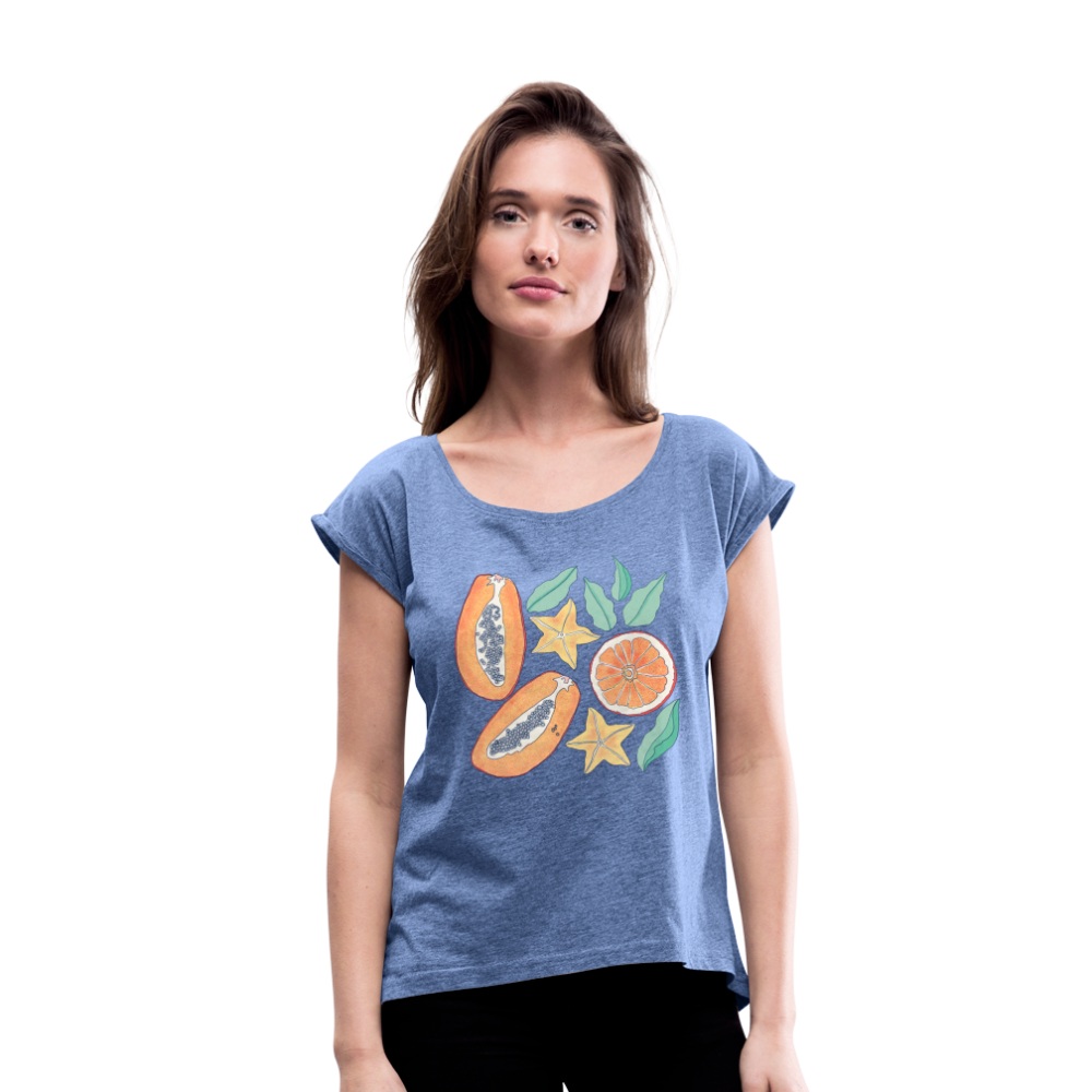 Frauen T-Shirt mit gerollten Ärmeln - “Tropische Früchte” - Denim meliert
