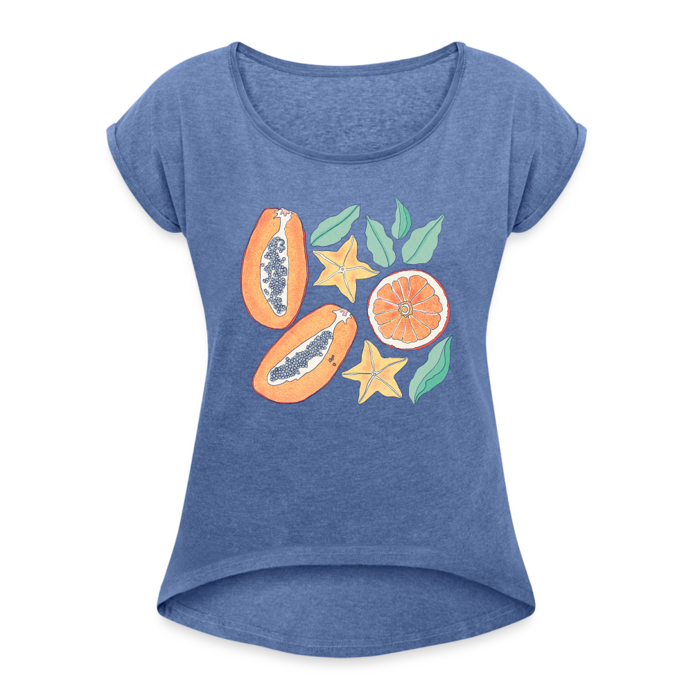 Frauen T-Shirt mit gerollten Ärmeln - “Tropische Früchte” - Denim meliert