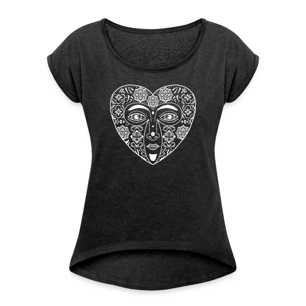 Frauen T-Shirt mit gerollten Ärmeln - “Azulejo Herz” - Schwarz meliert