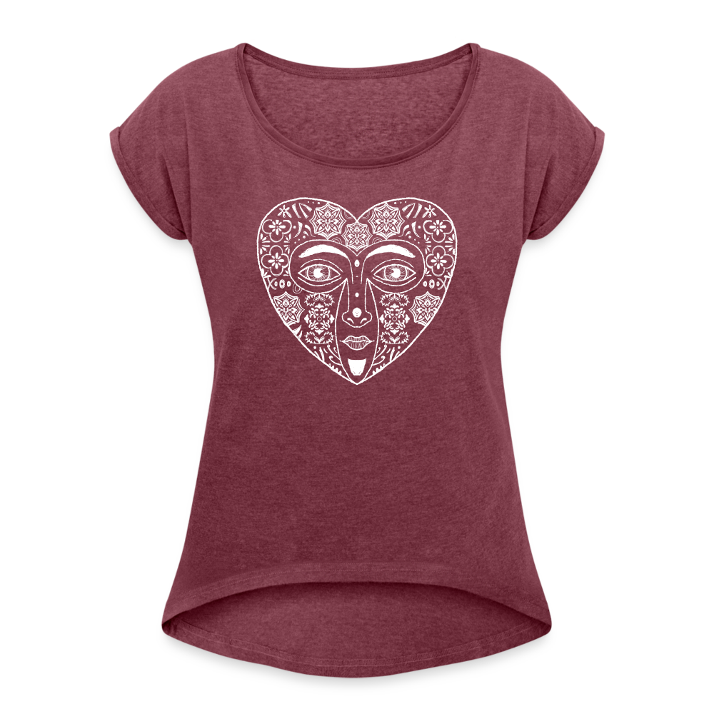 Frauen T-Shirt mit gerollten Ärmeln - “Azulejo Herz” - Bordeauxrot meliert