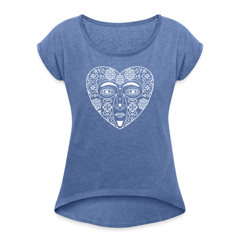 Frauen T-Shirt mit gerollten Ärmeln - “Azulejo Herz” - Denim meliert