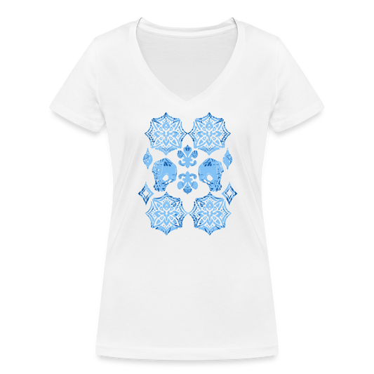 Frauen Bio-T-Shirt mit V-Ausschnitt- “Skull Blue” - weiß