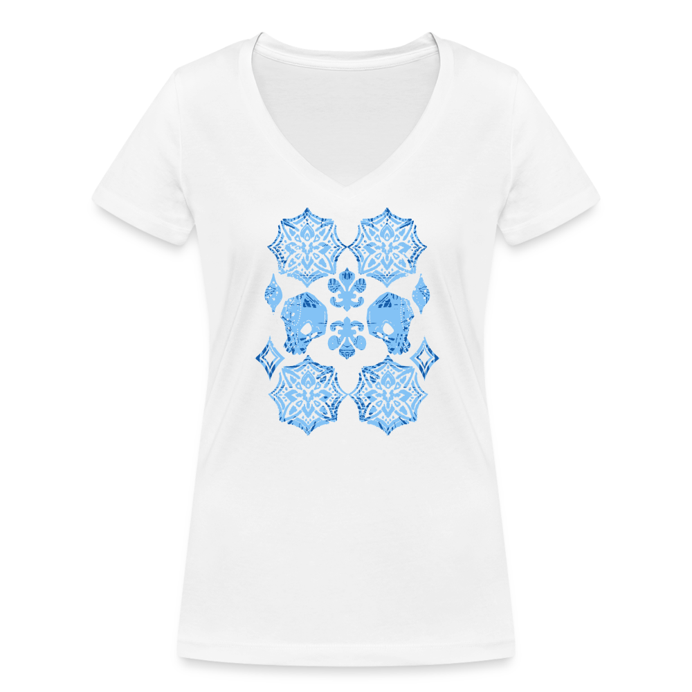 Frauen Bio-T-Shirt mit V-Ausschnitt- “Skull Blue” - weiß