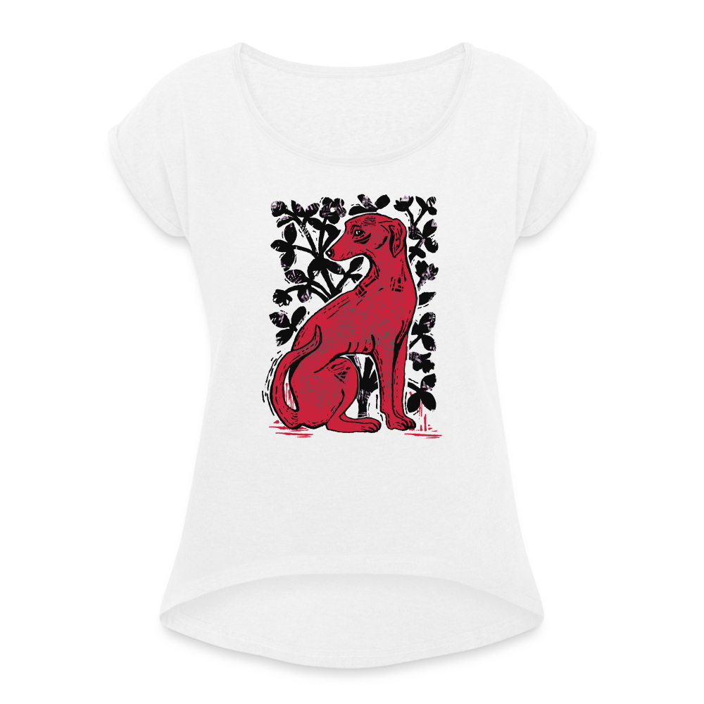 Frauen T-Shirt mit gerollten Ärmeln - “Medieval Dog” - weiß