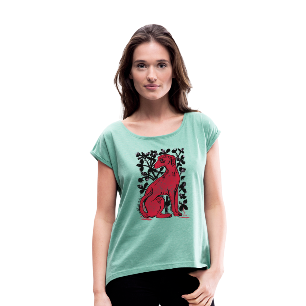 Frauen T-Shirt mit gerollten Ärmeln - “Medieval Dog” - Minze meliert