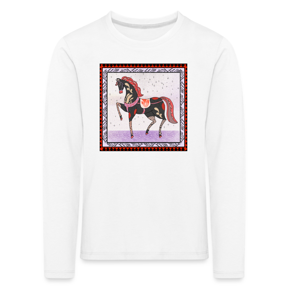 Kinder Premium Langarmshirt - "Rotes Pferd" - weiß