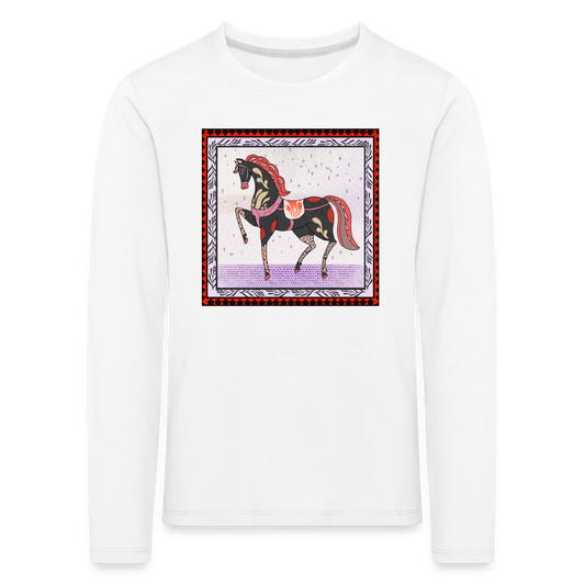 Kinder Premium Langarmshirt - "Rotes Pferd" - weiß